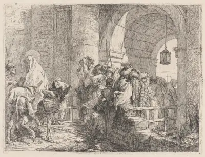 Den heliga familjen anländer till en stadsport av Giovanni Domenico Tiepolo