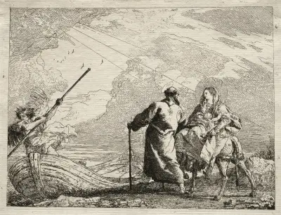 Den heliga familjen anländer till flodbanken av Giovanni Domenico Tiepolo