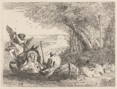 Den heliga familjen färjas över floden av Giovanni Domenico Tiepolo