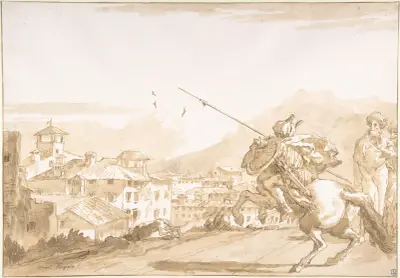 Turkisk lansiär och åskådare närmar sig en stad av Giovanni Domenico Tiepolo