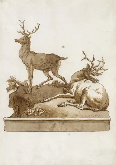 Zwei Hirsche, einer stehend und einer liegend, auf einem Wiesenhang (mit Sockel) von Giovanni Domenico Tiepolo