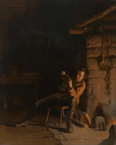 Lincolns barndom. (En kväll i timmerstugan.) av Eastman Johnson
