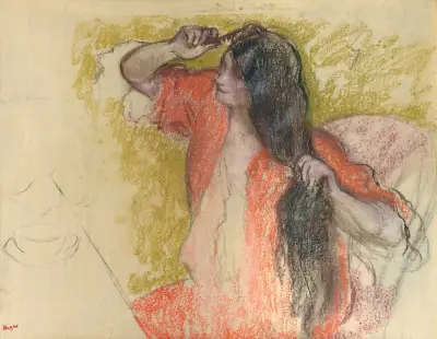 Femme En Peignoir Rouge Se Coiffant av Edgar Degas