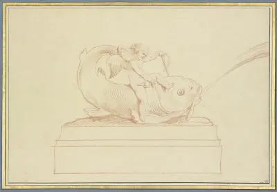 Wasser speiender Delphin nach links mit einer Amorette av Edmé Bouchardon