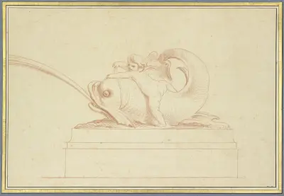Wasser speiender Delphin nach rechts mit einer Amorette av Edmé Bouchardon