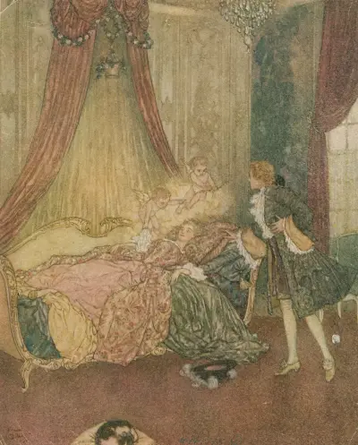 And there, on a bed the curtains of which were drawn wide, he beheld the loveliest vision he had ever seen. – nr 1 av Edmund Dulac