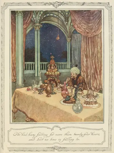 He had been fasting for more than twenty-four hours and lost no time in falling to av Edmund Dulac