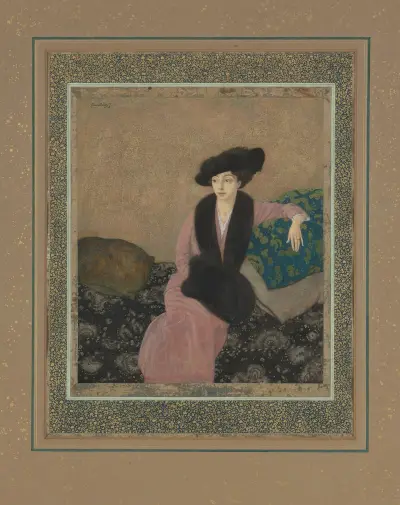 Porträtt av dam i päls av Edmund Dulac