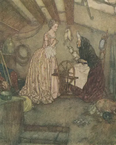 Sleeping Beauty watching an old woman spin. av Edmund Dulac