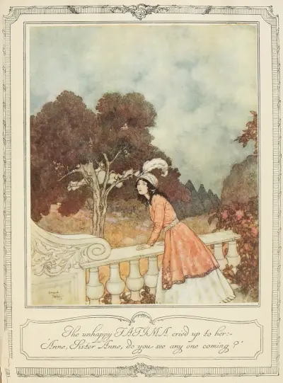 The unhappy Fatima cried up to her; ‘Anne, Sister Anne, do you see any one coming av Edmund Dulac