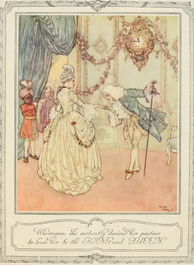 Whereupon she instantly desired her partner to lead her to the King and Queen av Edmund Dulac