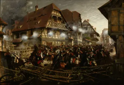 Charge du 9e régiment de cuirassiers dans le village de Morsbronn av Jean-Baptiste Édouard Detaille