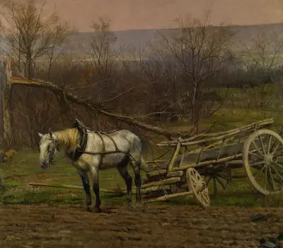 Charrette Attelée D’un Cheval Blanc av Jean-Baptiste Édouard Detaille