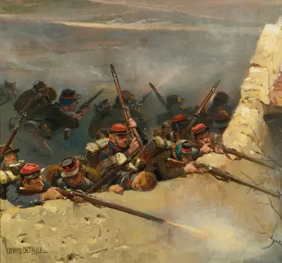 Embusqués Derrière Un Mur. Fantassins De La Ligne; A Fragment From The Panorama Of The Battle Of Champigny av Jean-Baptiste Édouard Detaille