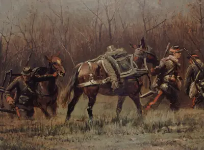 Scène militaire; mobiles conduisant des mulets d’ambulances (fragment du panorama de Champigny) av Jean-Baptiste Édouard Detaille