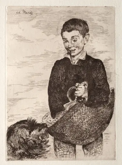 Le gamin au chien, avec le cabas av Édouard Manet