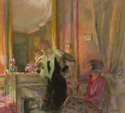 Gabrielle Jonas et sa fille Irène Montanet devant la cheminée av Édouard Vuillard