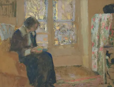 Jeune femme lisant, Lucie Belin chez elle av Édouard Vuillard
