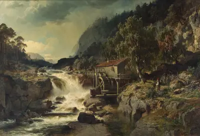 Rocky Landscape with Waterfall and Watermill, Småland, Edvard Bergh