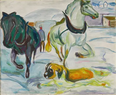 Zaprzęg konny i bernardyn na śniegu, Edvard Munch