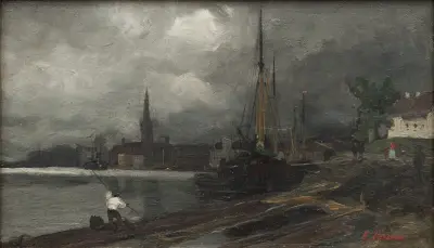 City view with harbor. Study av Edvard Perséus