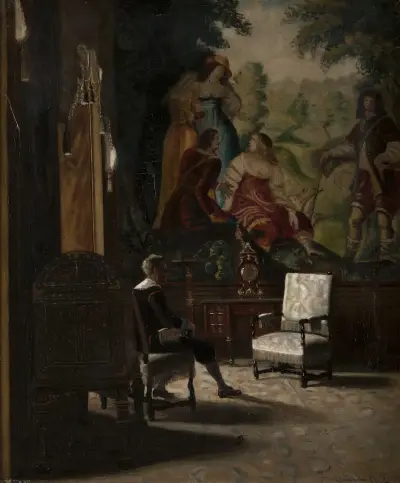 Gripsholm, interiör från Kungens sängkammare med manlig staffagefigur av Edvard Perséus