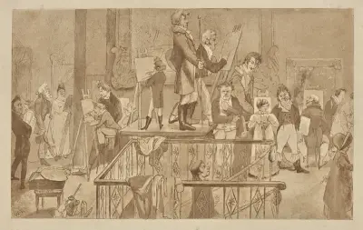 Artists painting in an exhibition of paintings at the British Institution av Alfred Edward Chalon