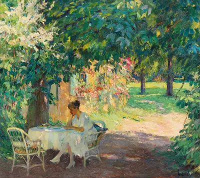 Summer in the garden of the artist’s villa on Lake Starnberg av Edward Cucuel