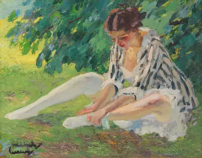 Undressing (sitting in the grass) av Edward Cucuel