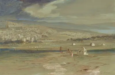 Blick auf die Stadt Hebron mit Kamelen und Figuren im Vordergrund von Edward Lear