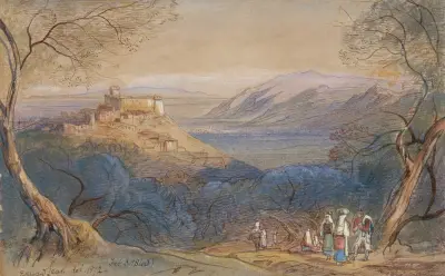 Vy över Castello Caetani och bergsstaden Sermoneta, Lazio, Italien av Edward Lear