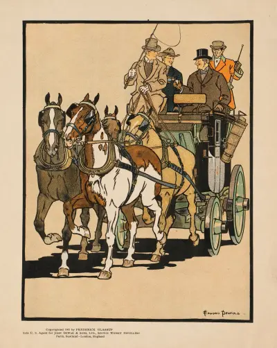 Fyra män som rider på taket av en vagn dragen av fyra hästar av Edward Penfield