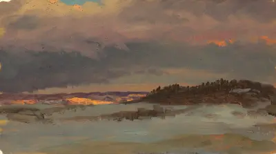 Vinterlandskap med blå kulle i solnedgång, Hudson, New York av Frederic Edwin Church