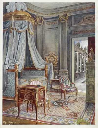 Geschnitztes und vergoldetes drapiertes Kuppelbett (von einer Krone beleuchtet), Louis-XVI-Stil von Edwin Foley