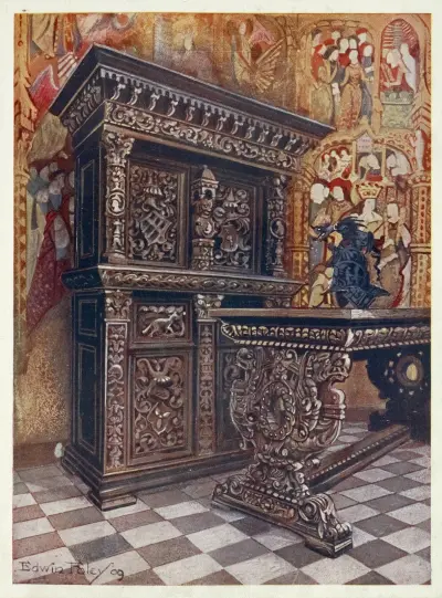 Geschnitzter Eichenschrank, geschnitzter Eichentisch von Edwin Foley