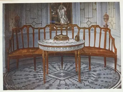 Carved satinwood barback settee, Painted and gilt table av Edwin Foley