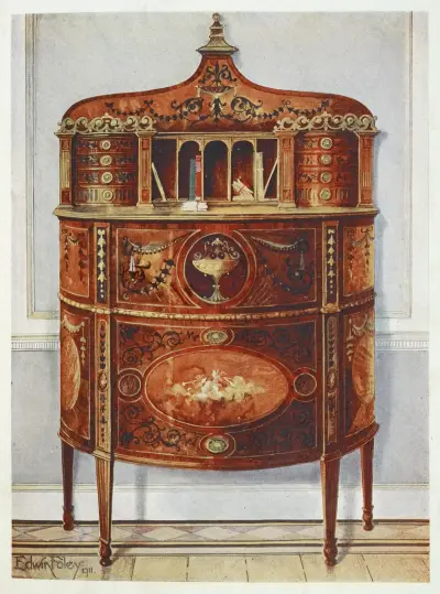Schreibtischkabinett aus eingelegtem und bemaltem Satinholz, mit Ormolu-Montierung von Edwin Foley