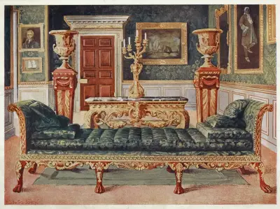 Mahogany och förgylld georgisk möbelgrupp i galleriet och gröna salongen på Longford Castle av Edwin Foley