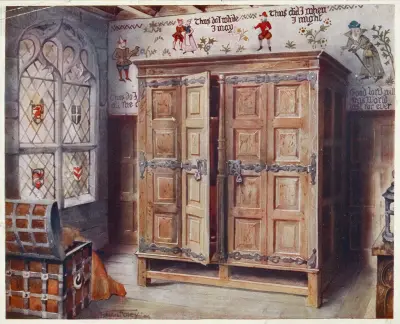 Oak press, Strangers’ Hall, Norwich. Wall fresco painting, West Stowe, ca. 1550. av Edwin Foley