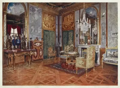 Musiksalongen i Drottning Marie Antoinettes våning, Fontainebleaus slott, Frankrike av Edwin Foley