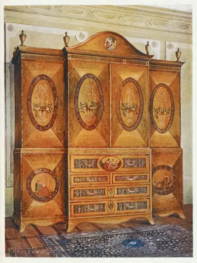 Satinwood wardrobe, inlaid with tulipwood, harewood, holly, ebony, mahogany, and other woods av Edwin Foley