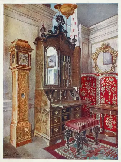 Walnut cabinet-top scrutoire, Inlaid sycamore (‘yellow’) clock, Carved tabouret av Edwin Foley