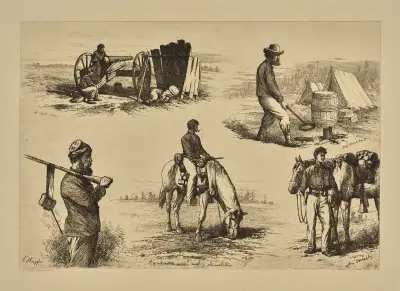 A hot day. Beef steak rare. A straggler. A quiet nibble on the cavalry skirmish. A cavalry orderly waiting orders. av Edwin Forbes
