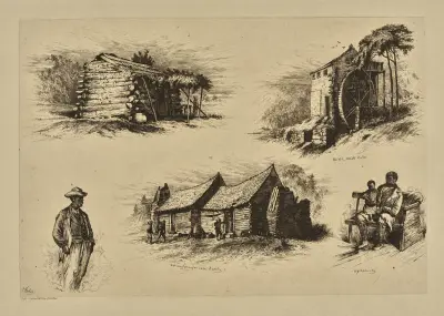 A slave cabin. The old grist mill. Sam. ‘Got any pies for sale, Aunty’ A picaninny. av Edwin Forbes