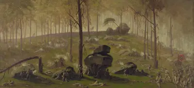 Attack of Johnston’s Div., C.S.A. on the breastworks on Culps Hill defended by Wadsworth’s Div av Edwin Forbes