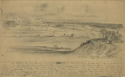 Attack mot general Sedgwicks kår. Banks Ford nära Chancellorsville, sett från norra stranden av Rappahannock River av Edwin Forbes