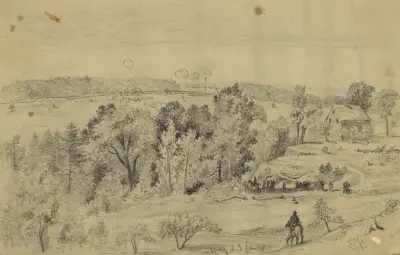 Slaget vid North Anna, från höjden ovanför Jerico Ford med sydstatslinjer, nordstatslinje och vägen till Jerico Ford, Virginia av Edwin Forbes