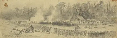 Anfall av unions trupper på vänstra flanken av armén ledd av general Stonewall Jackson vid Cedar Mountain av Edwin Forbes