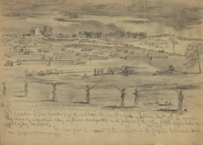 Erschießung von fünf Deserteuren der 118th Pennsylvania Volunteers, 1st Division, 5th Corps, vor dem gesamten 5th Corps, Beverly Ford, Va. von Edwin Forbes