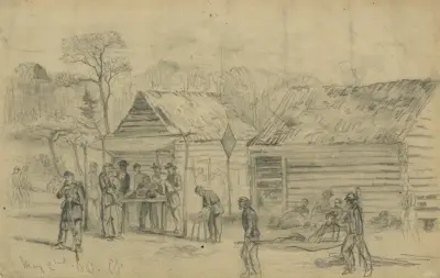 Fältsjukhus (andra kåren) på slagfältet vid Chancellorsville av Edwin Forbes